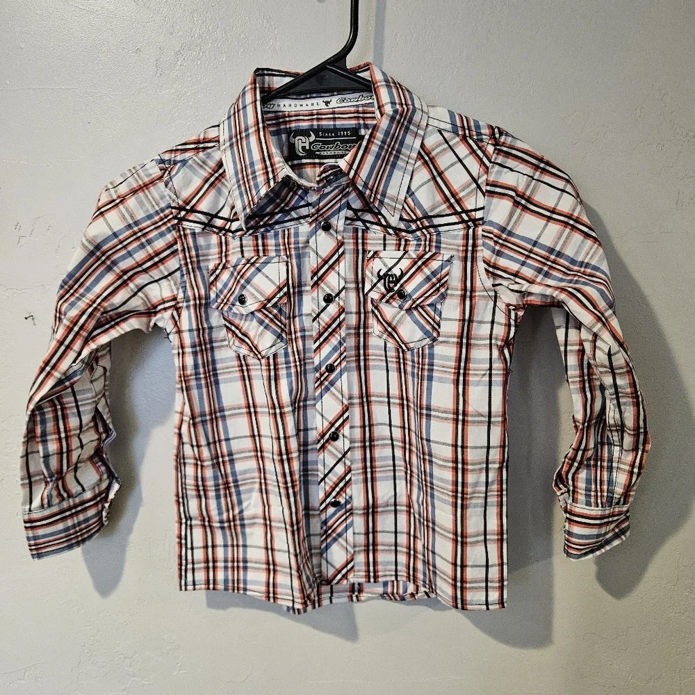 Cowboy Hardware Boys 4T Orange Blue White Plaid Long Sleeve Shirt Western Rodeo